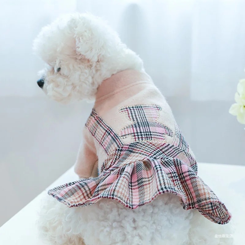 Pet Clothes Cat Autumn/Winter Thick Bear Hug Pink Plaid Princess Dress Suitable for Small and Medium Dogs