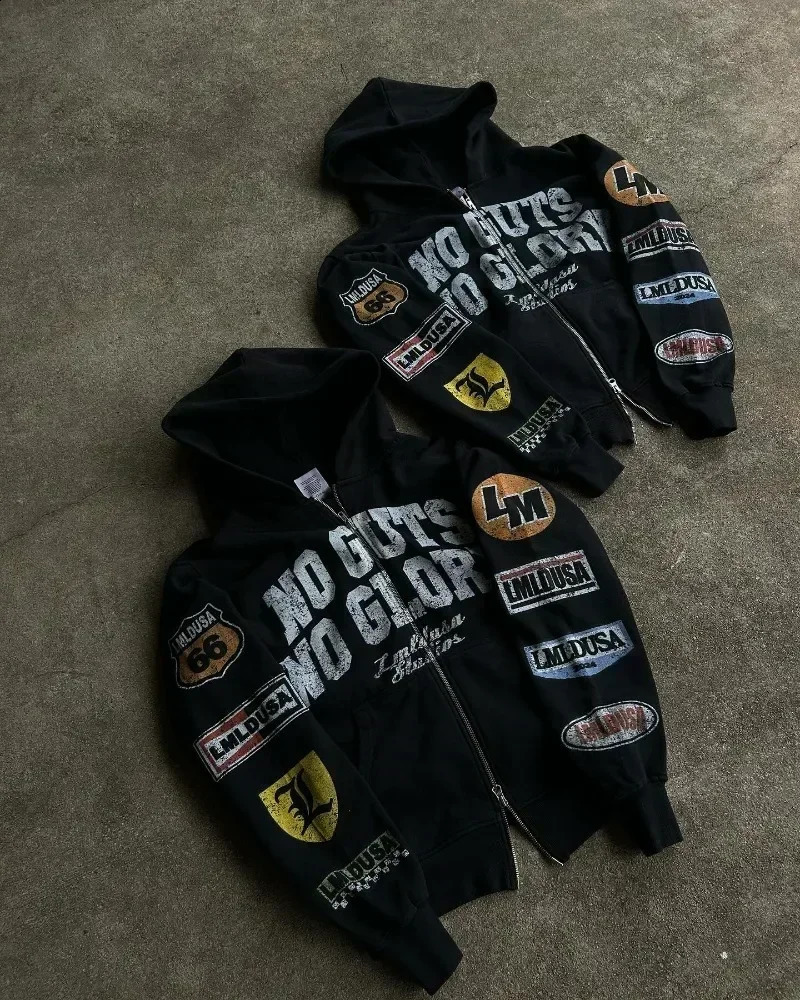 American Retro Hoodie Y2K Alphabet Printing Casual Super Big Brother Special Zipper Hoodie Casual Loose Sweatshirt 241230