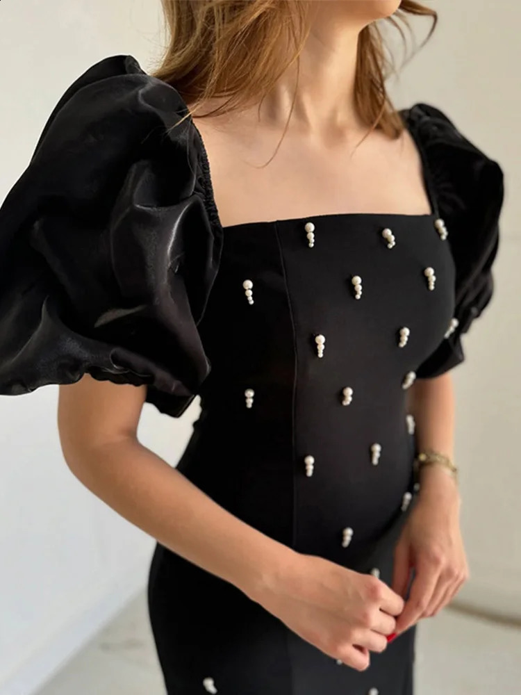 Elegant square neckline womens dress fashionable short sleeved puff sleeves slim fit womens dress 2025 Chinese Year summer womens wedding dress 241230