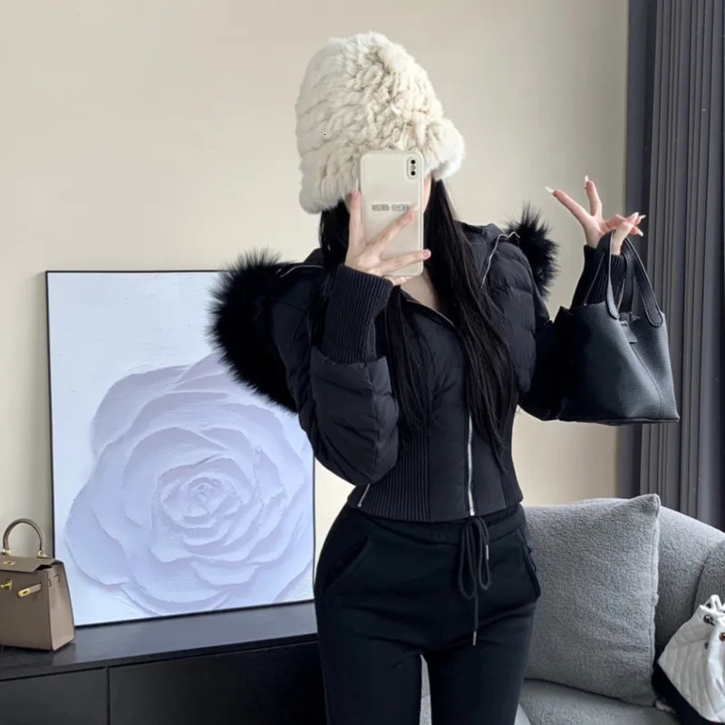 Fur Hooded High Street Short Down Jackets Zipper Fashion Slim Parkas Elegant Ladies Thick Outerwear Casual Black Coats For Women 241231