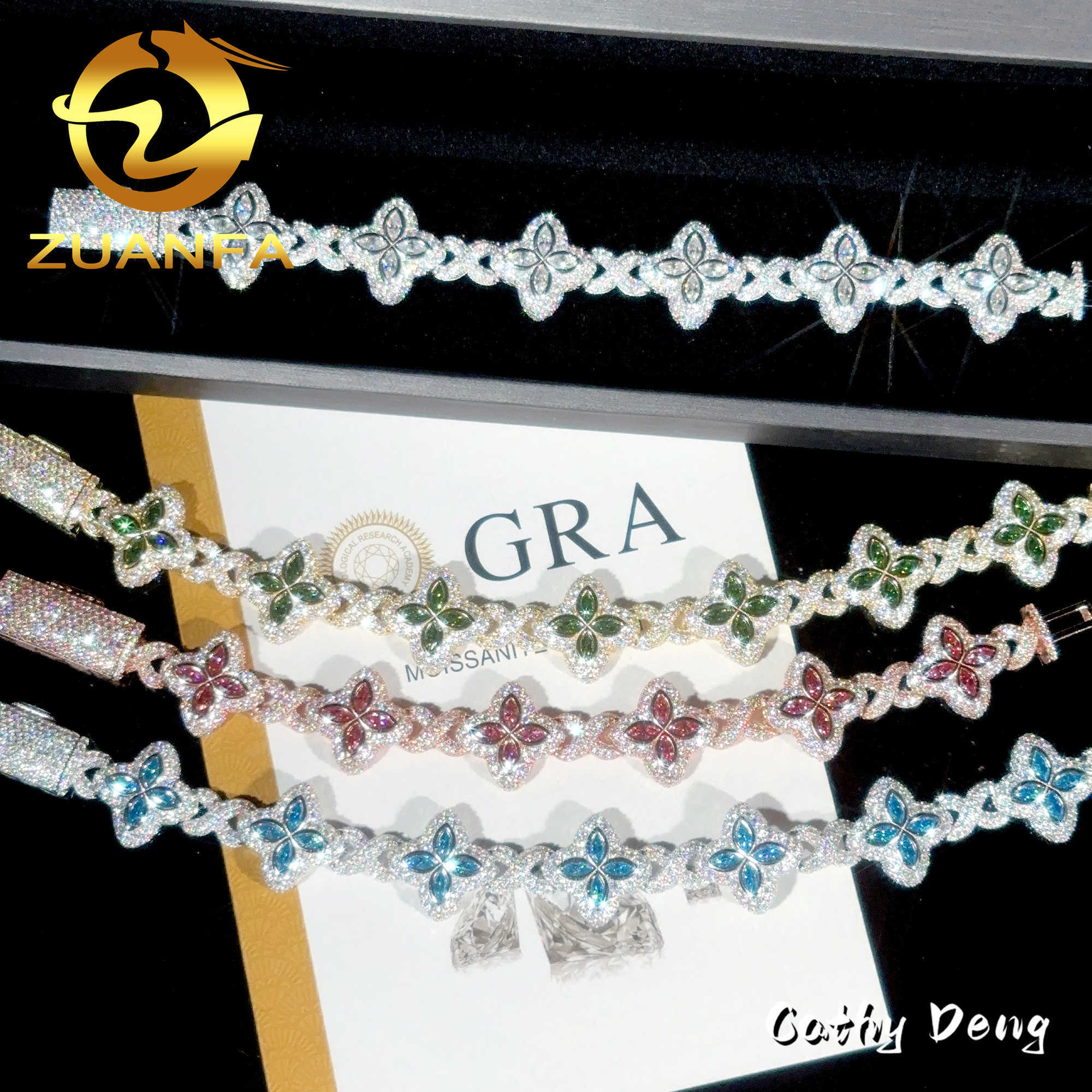 Color Natural Peridot with Moissanite Cuban Link Bracelet 18k white Gold Plated Moissanite Diamond High Quality Hip Hop Bracelet