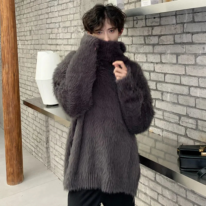 IEFB Turtleneck Men Sweaters Pullover Stylish Plush Solid Color Clothing Male Knitting Tops Korean Style Winter 2024 9C4144 241231