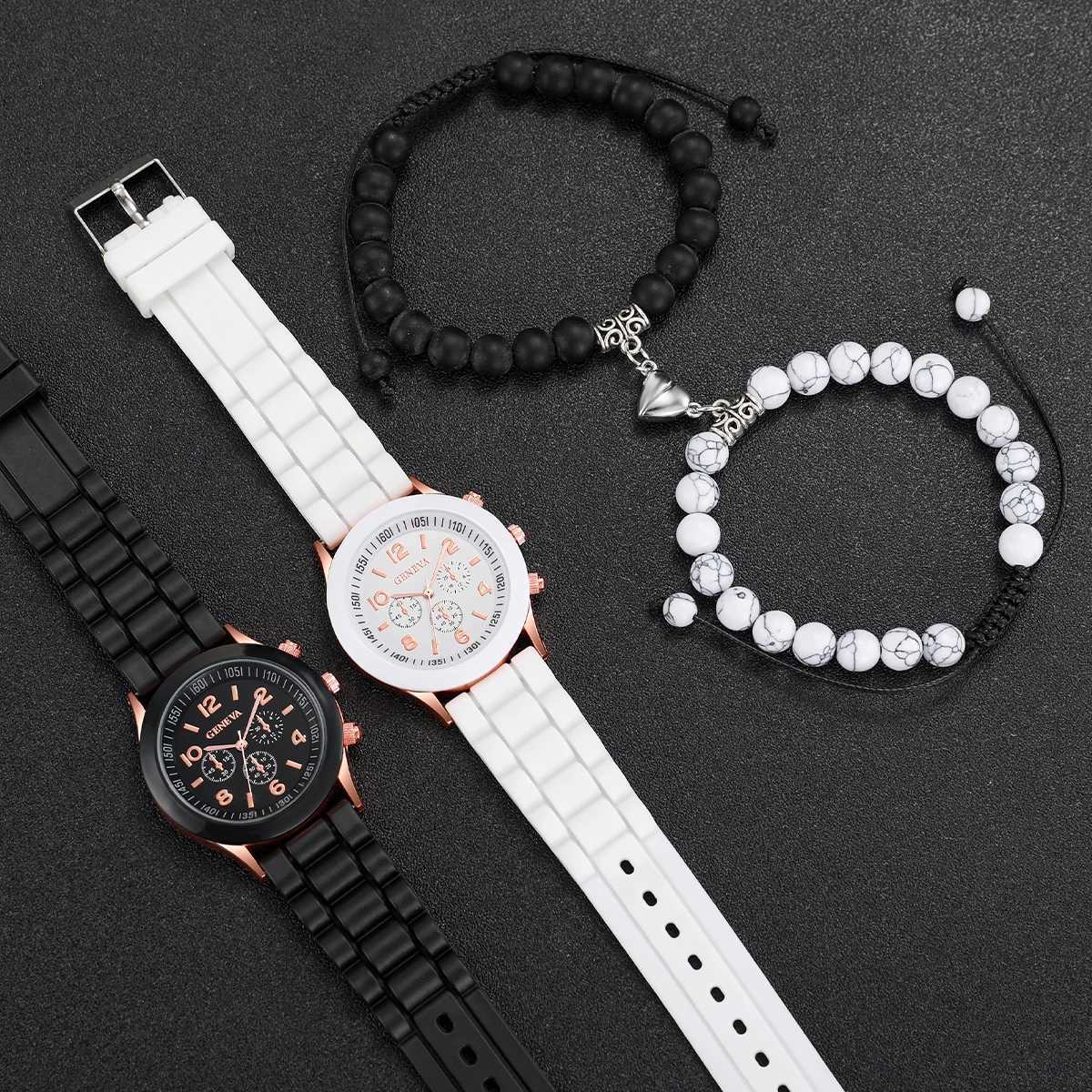 4PCS Couples Fashion Arabic Women Quartz Casual Sile Band Wristlets Magnet Heart-Shed Bracelets SetXJ250304