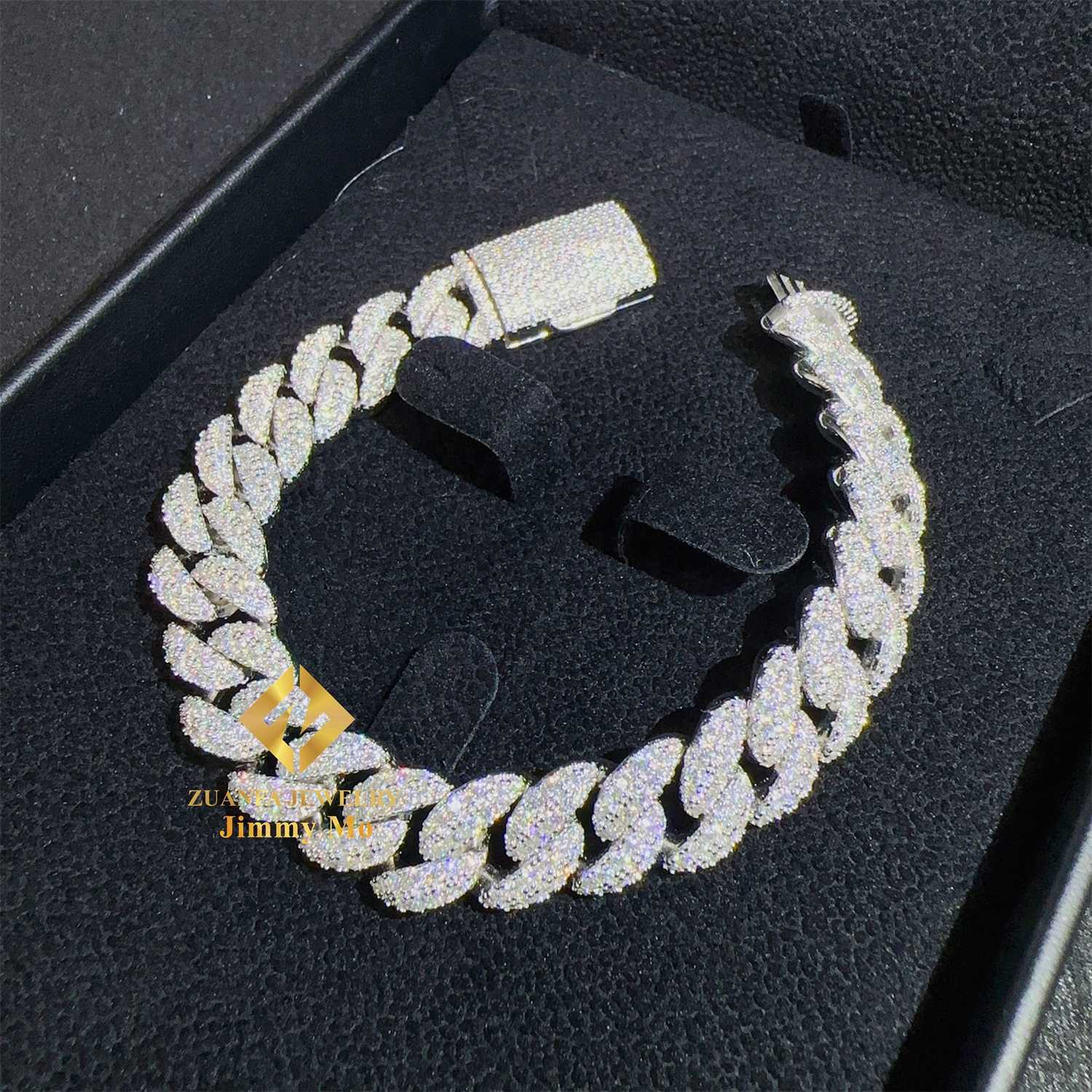12mm Two Row 925 Solid Silver Iced Out Hip Hop Fire Jewelry VVS Moissanite Best Quality Cuban Link Chain Bracelet