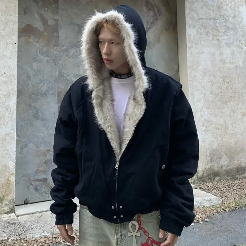 Retro Fur Collar And Velvet Padded Warm Work Coat For Men Women Y2K Harajuku Gothic Casual Joker Street Wear 250102
