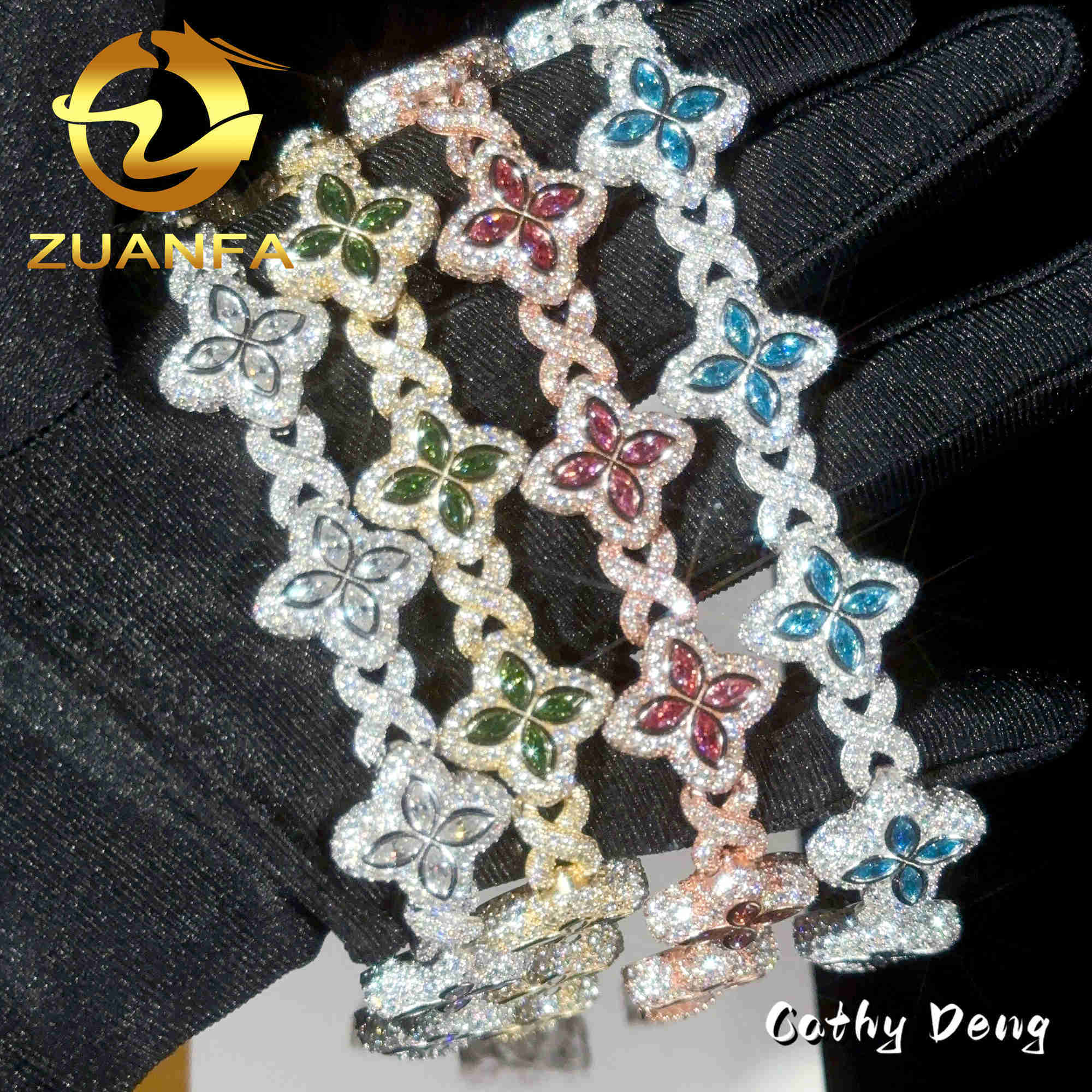Color Natural Peridot with Moissanite Cuban Link Bracelet 18k white Gold Plated Moissanite Diamond High Quality Hip Hop Bracelet