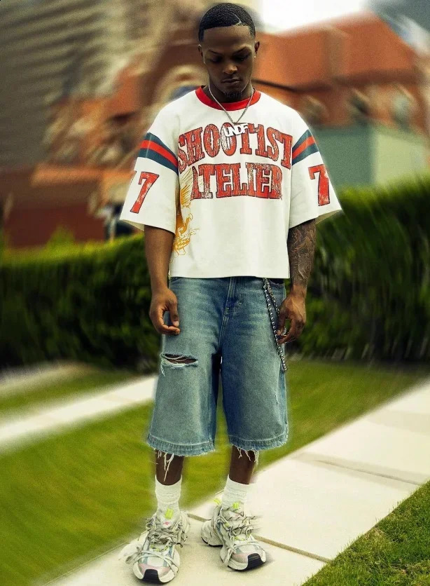 Green round neck pure cotton summer big print Raglan mens T-shirt street hip-hop retro Y2k casual oversized top 241230