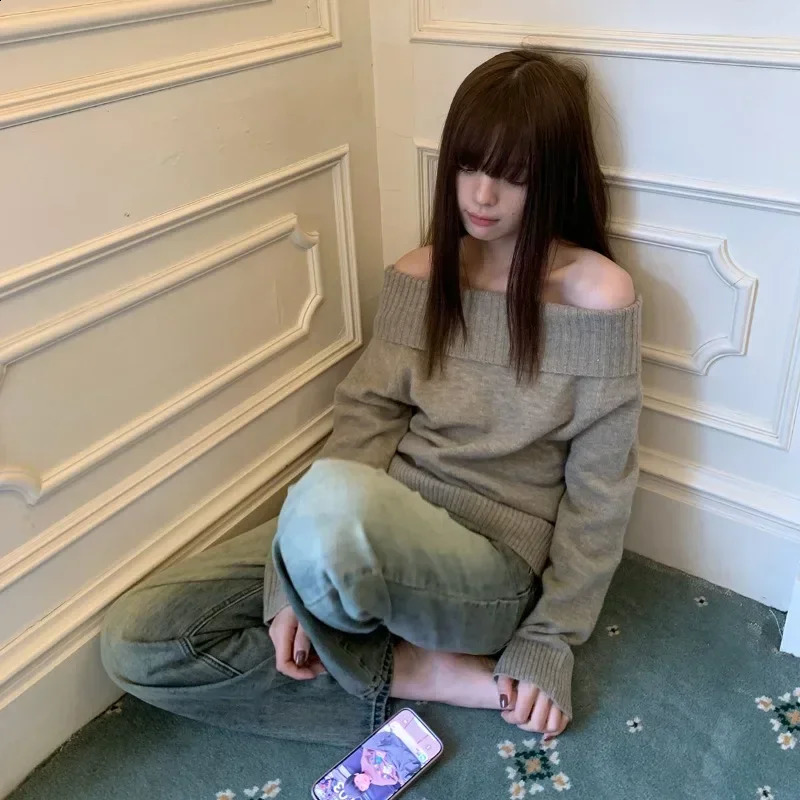 Deeptown Retro Japanese Style Sweater Womens Solid Sexy Off Shoulder Knitted Y2k Long Sleeve Jumper Diagonal Neck Waist Harajuku 241231