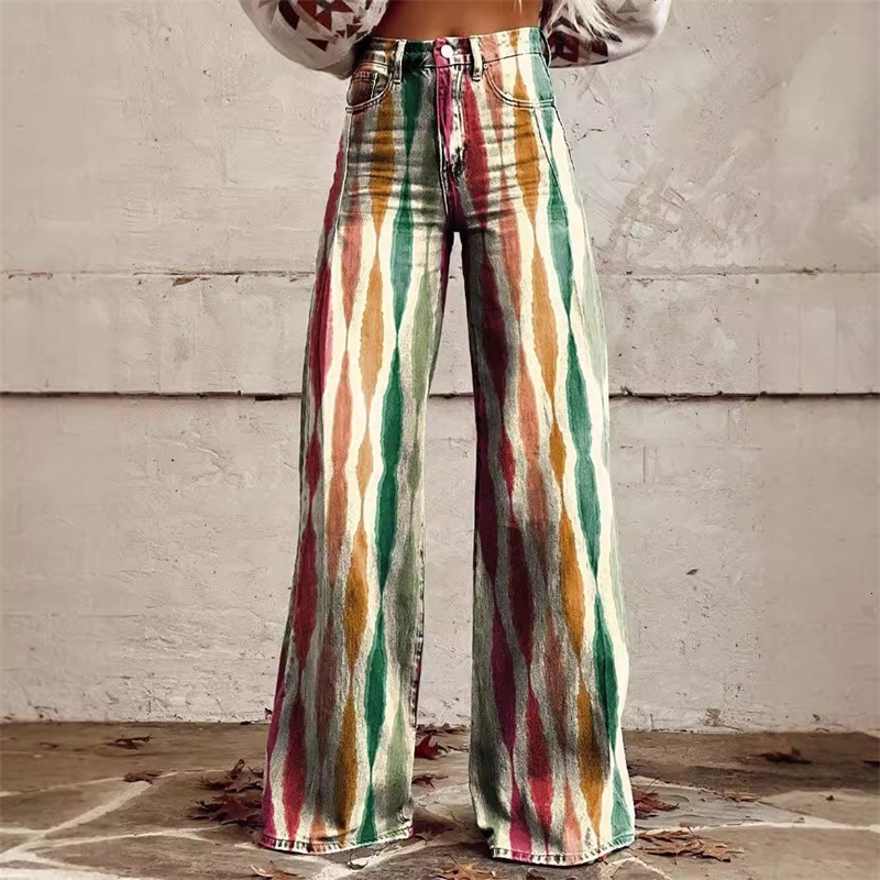Plus Sizes S-5XL Women Jeans 2025 New 3D Heat Transfer Printing Bell Bottom Pants Simulation Denim Pants Loose Pants