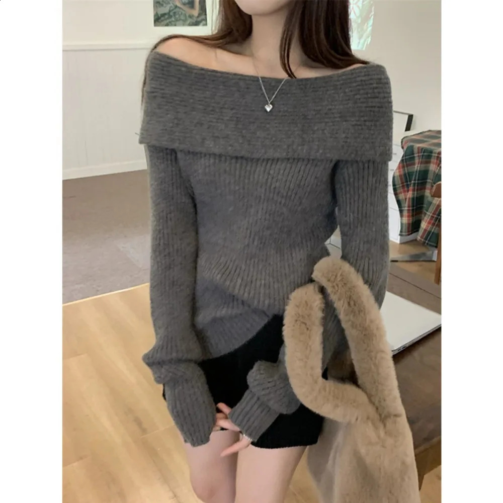 sexy white flat neck sweater base with womens collar bone shoulder sweatshirt for weight loss 241231