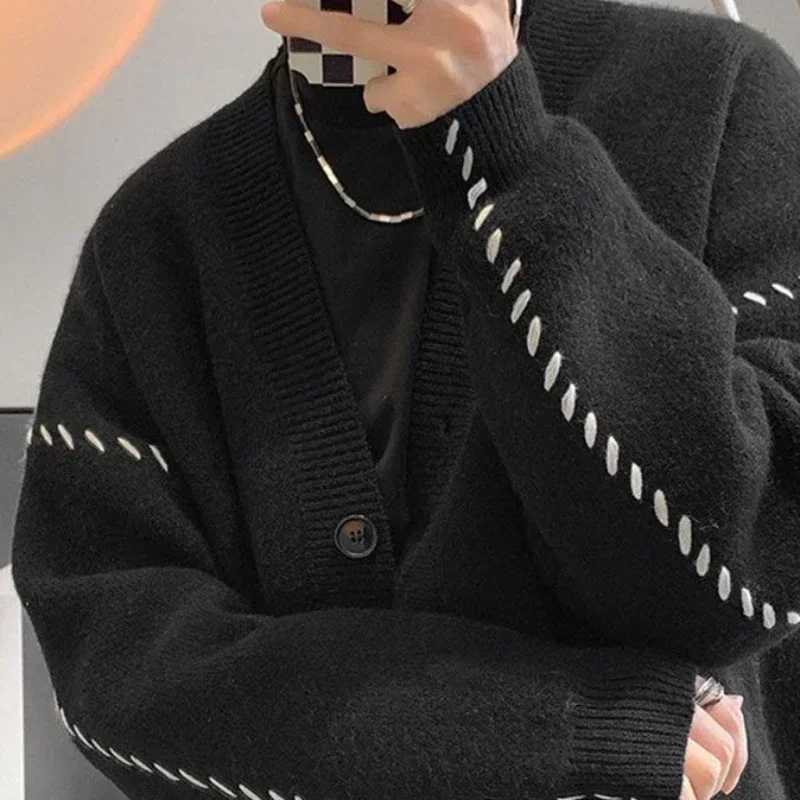 Mens clothing V-neck cardigan wool sweater white knitted mens patch work cute Japanese Harajuku fashion long sleeved super suitable for Korea M250102