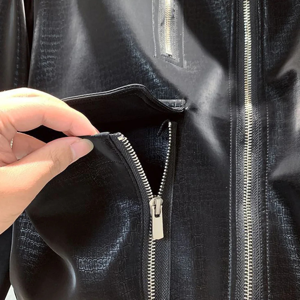 Y2K mens leather jacket pocket button zipper motorcycle leather jacket autumn casual youth trend mens Korean clothing 241230