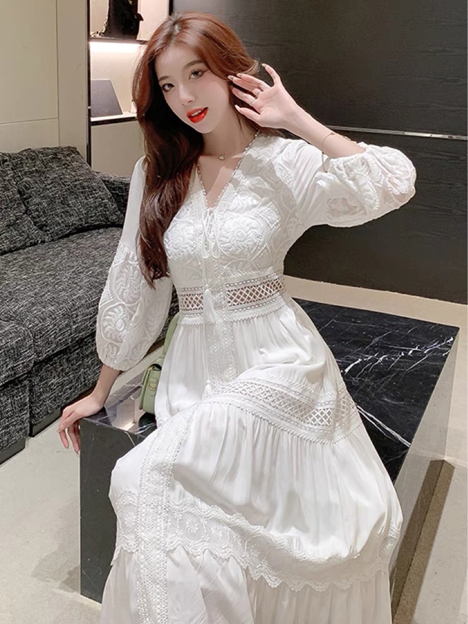 BT10702 dress spring and summer white sweet French puff sleeve knee-length dress beach dress travel dress