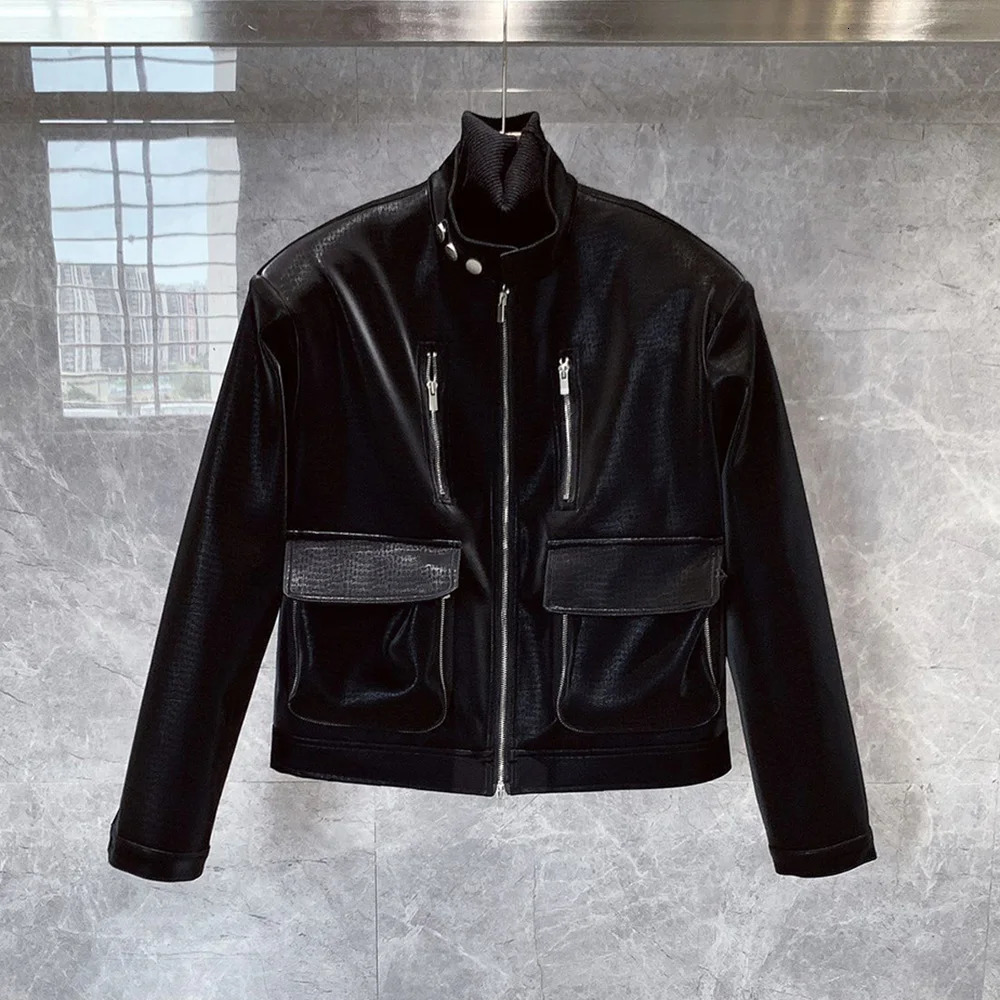 Y2K mens leather jacket pocket button zipper motorcycle leather jacket autumn casual youth trend mens Korean clothing 241230