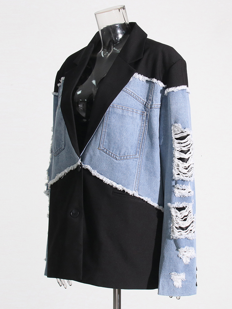 hoodie TWOTWINSTYLE Hit Color Hollow Out Patchwork Button Blazer For Women Notched Coller Long Sleeve Spliced Denim Chic Blazers Female jacket