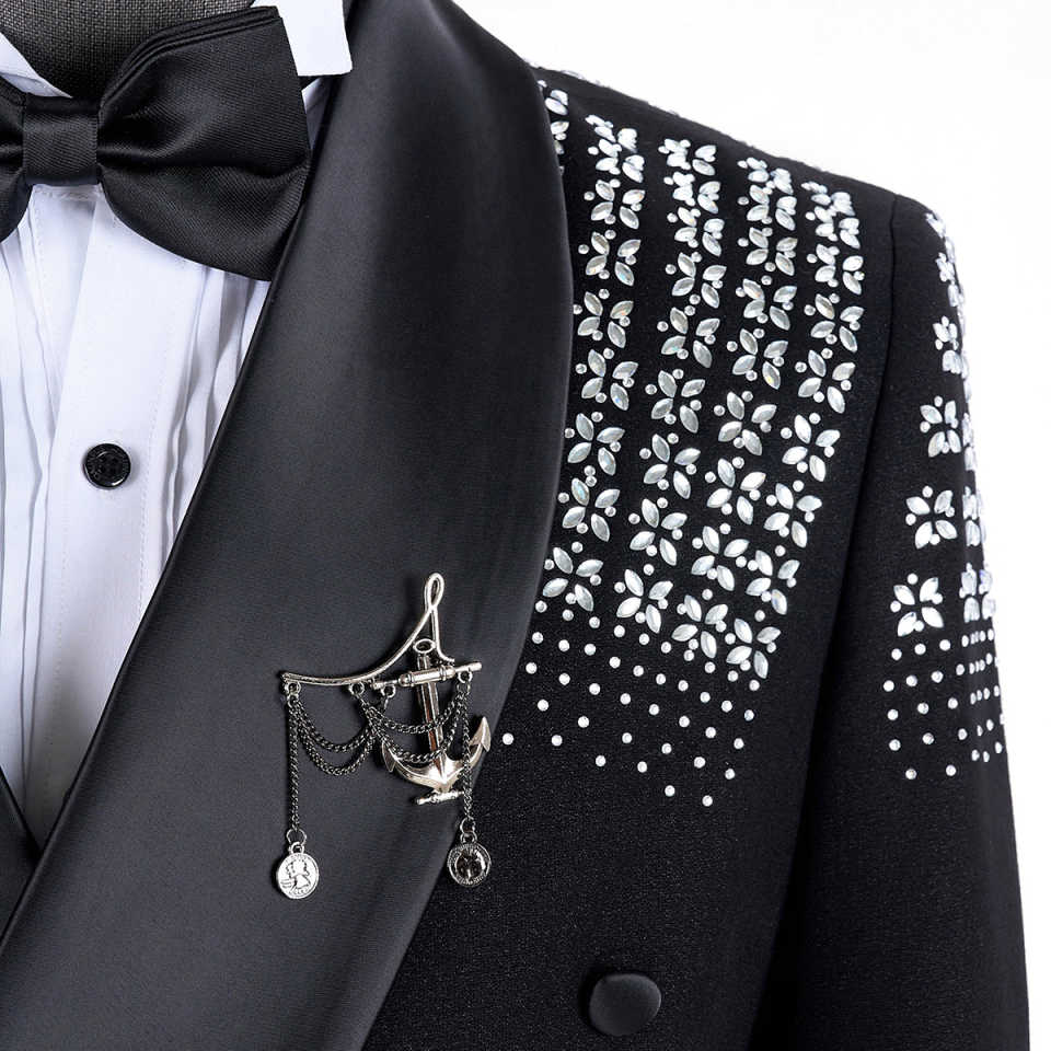 Formal Wedding Tuxedos Beaded Crystal Double Breasted Men Suit 2 Piece Set Jacket Pants Trim Fit Business Evening Suits Blazers