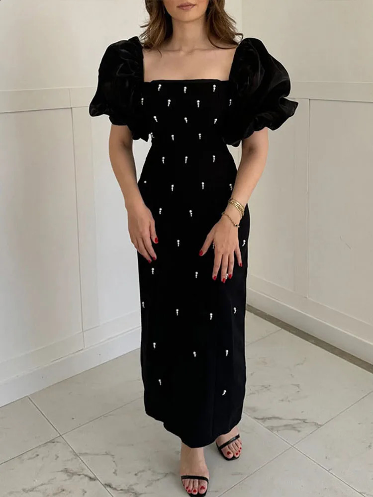 Elegant square neckline womens dress fashionable short sleeved puff sleeves slim fit womens dress 2025 Chinese Year summer womens wedding dress 241230