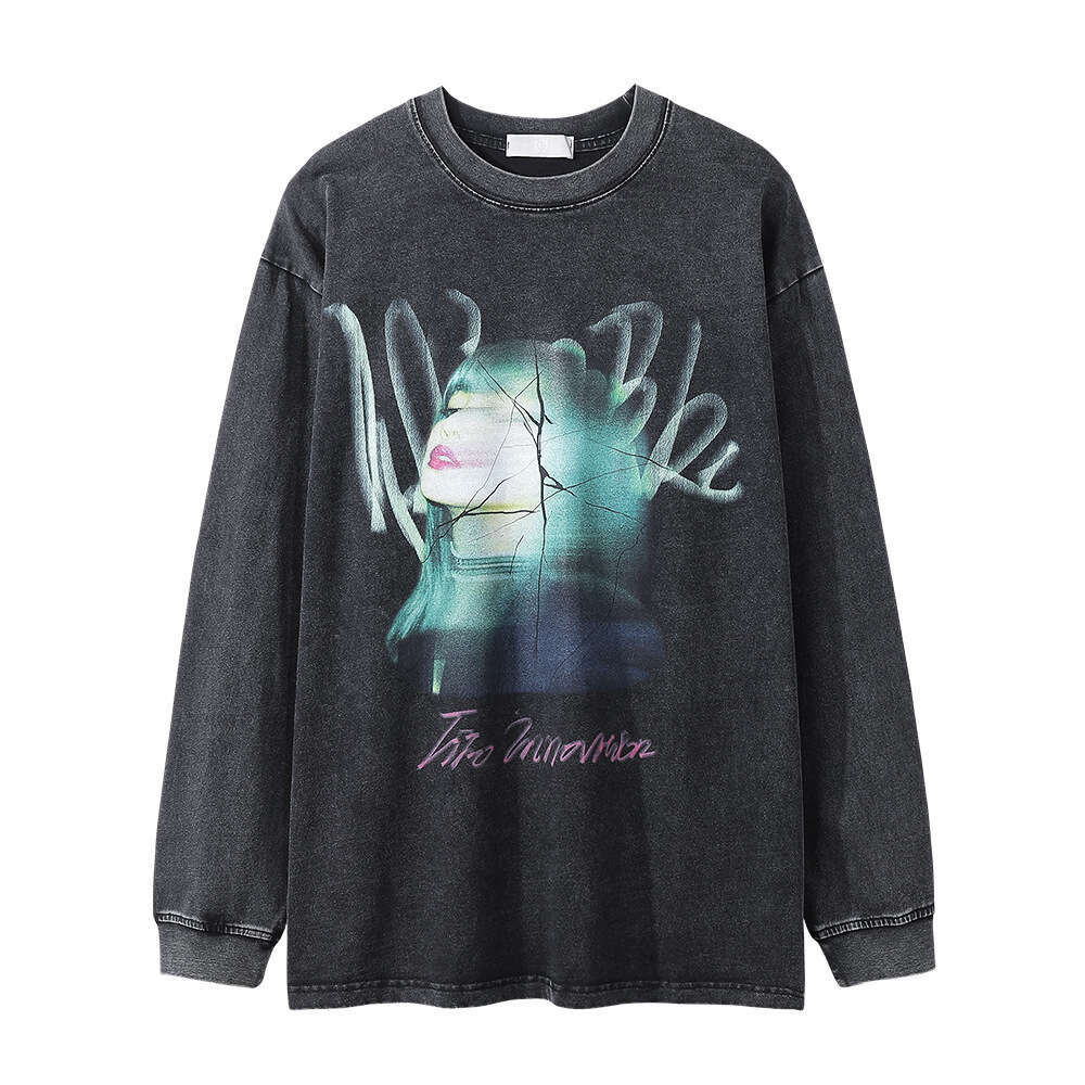 Star poster portrait printed long sleeved men's ins trendy loose casual washed vintage round neck T-shirt
