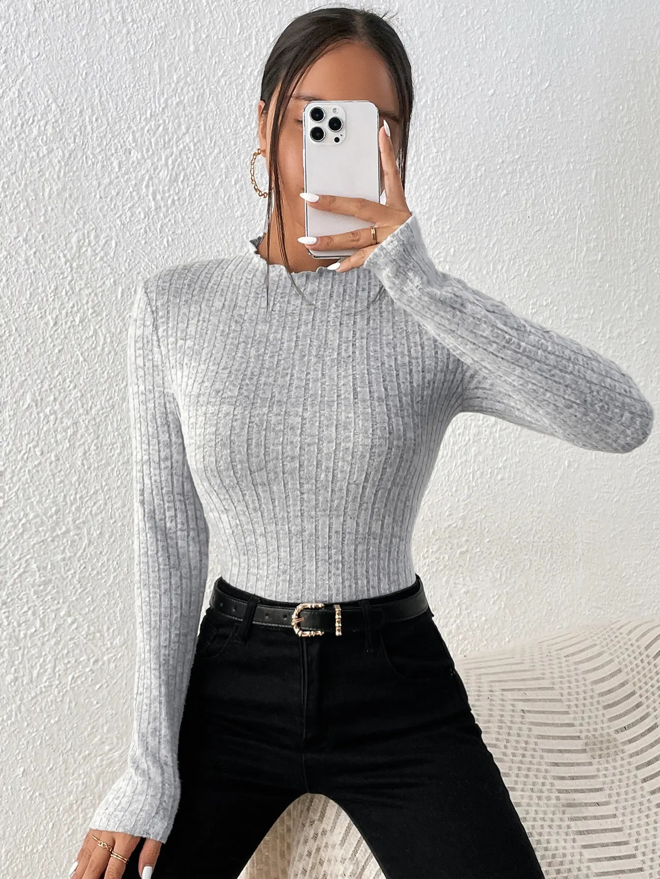 Fashion Slim Ruffle Neck Knit Long Sleeve Top Lace MidCollar Womens Striped Bottom Shirt Autumn and Winter Casual Sweater 241231