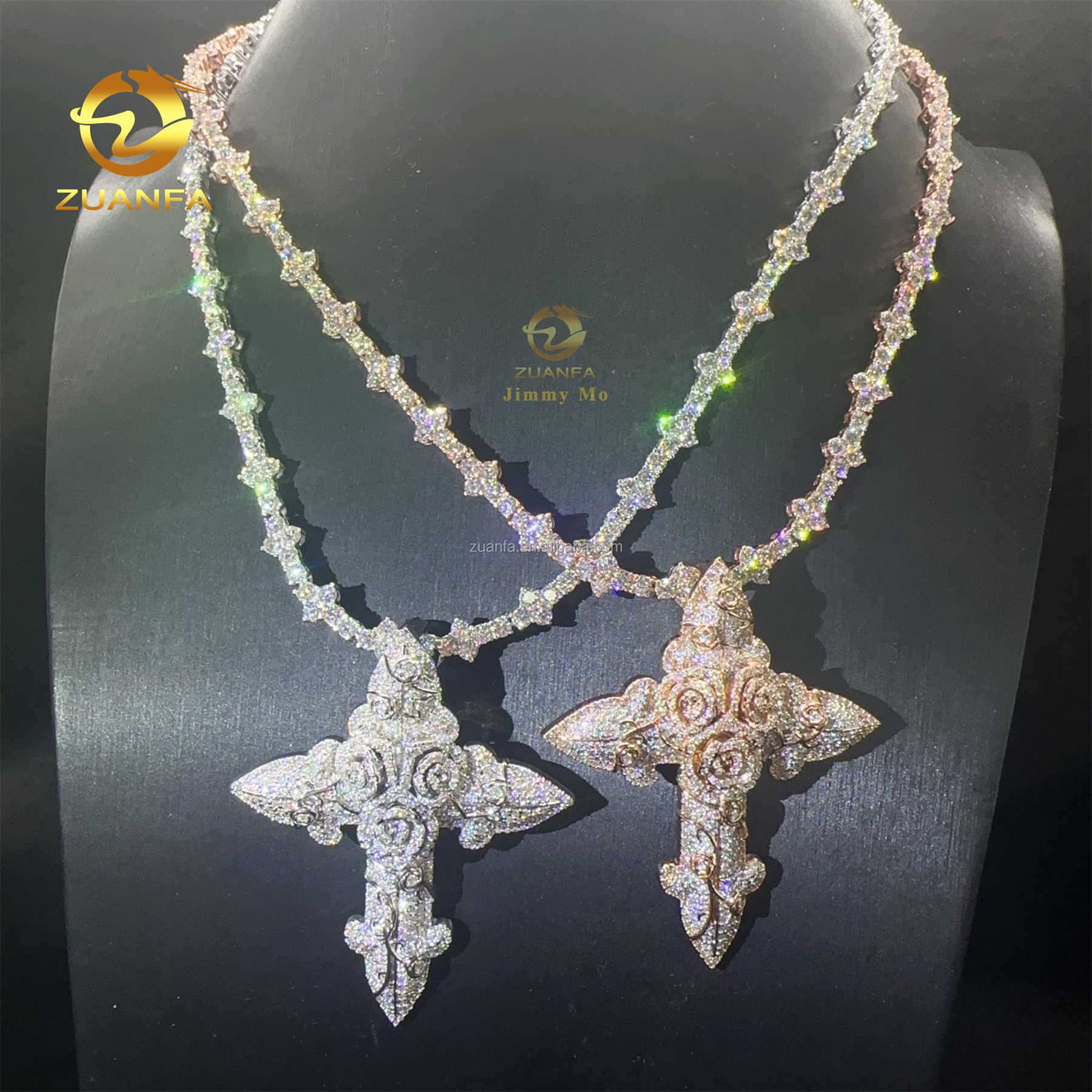In Stock Fashion Man Jewelry Rose Gold Color Hip Hop Pendant S925 VVS1 Moissanite Diamond Rose Flower Cross Pendant Necklace Set