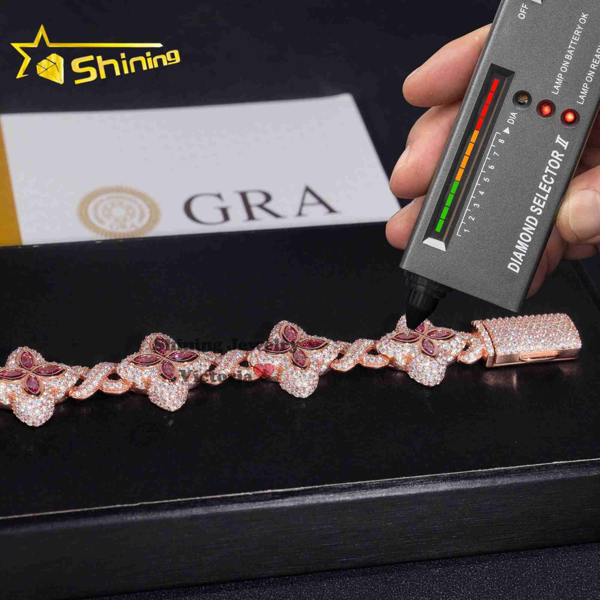 2024 New Arrivals Rose gold Plated Moissanite Men Bracelet With Pink Moissanite Iced Out Infinity Link Clover Cuban Bracelet