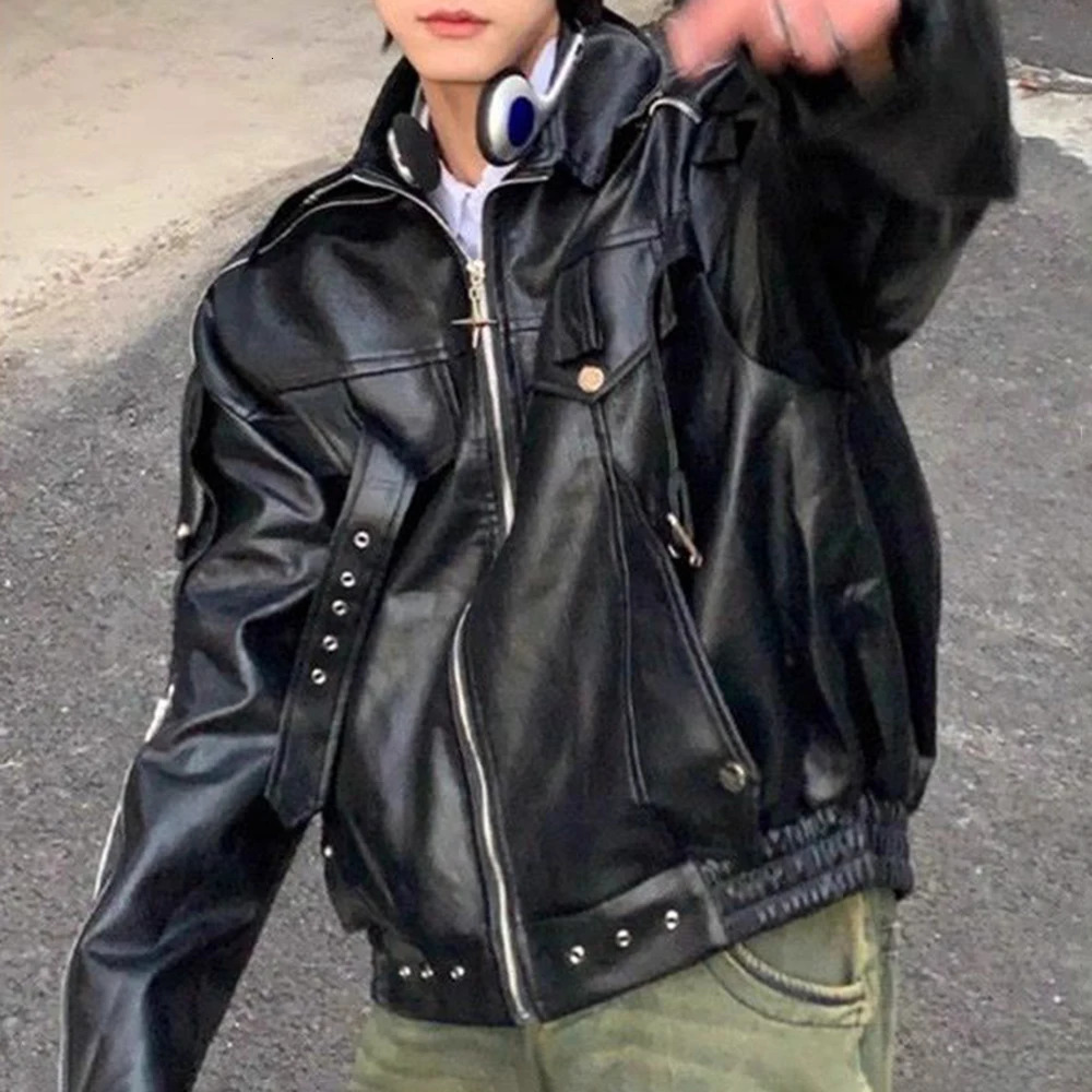 Korean style Y2k black leather jacket mens autumn and winter fashion high-end motorcycle clothing loose work jacket 241230