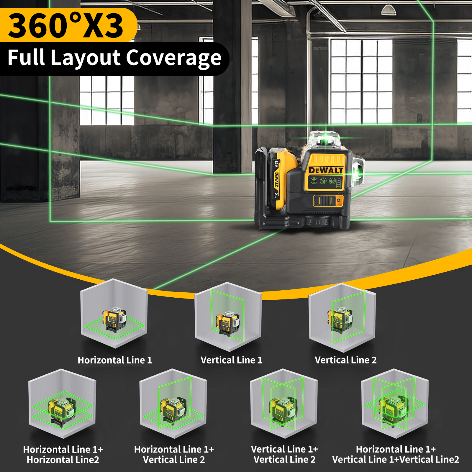Dewalt DW089LG 3 SidesX360 Degree Vertical 12V Lithium Battery with charge 12 Lines Laser Green Meter FOR Outdoor