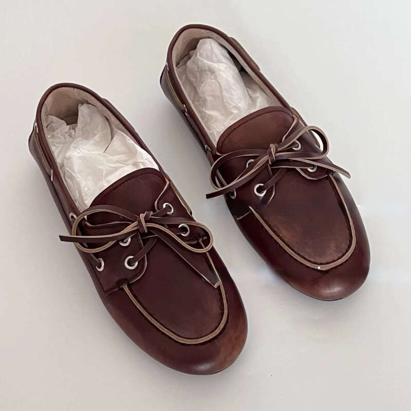 2024 Autumn And Winter New Bow Shallow Mouth Saig Women's Casual Retro Brown Lace-Up Loafers Flat Shoes 250225