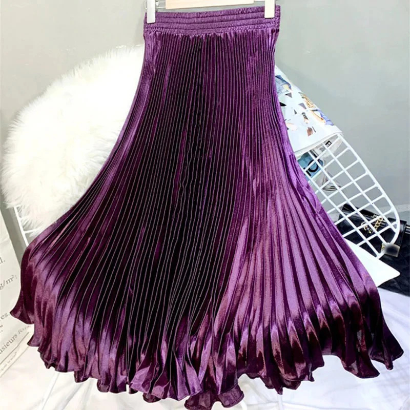 2024 Fashion Women Summer Glossy Satin Pleated Skirt Elastic Waist Dance A-line Skirts Female Reflective Long Mermaid Skirts 241231