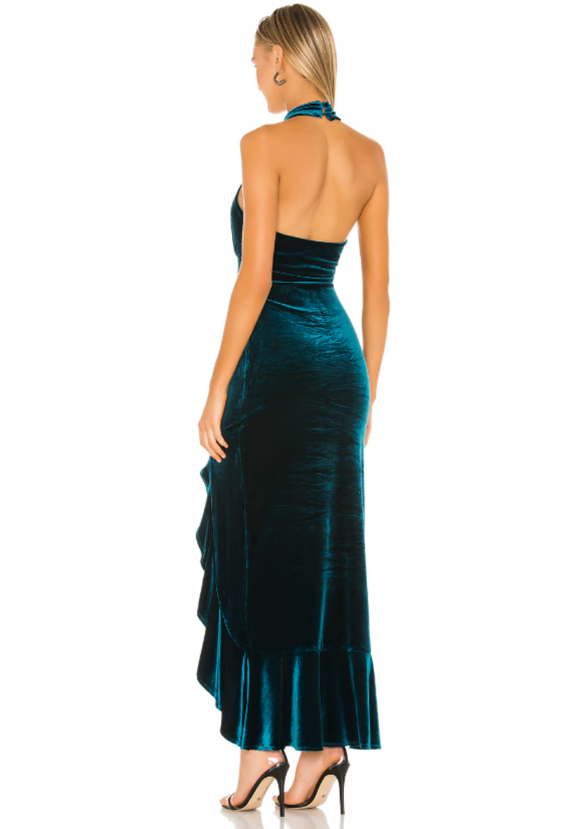 High Elegant Low Blue Evening With Ruffles Mermaid Veet Halter Neck Dubai Pleated Asymmetrical Length Zipper Back Prom Dresses For Women