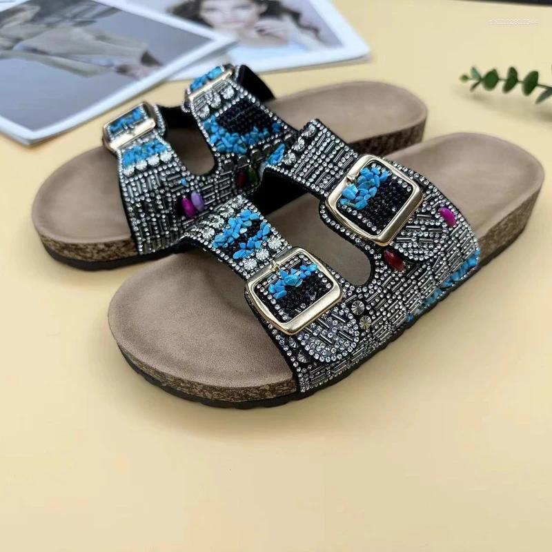 Slippers Ethnic Style Fashion Sandals Thick Bottom Wedge Cork Travel Shoes Outdoor Rhinestone Women's Summer