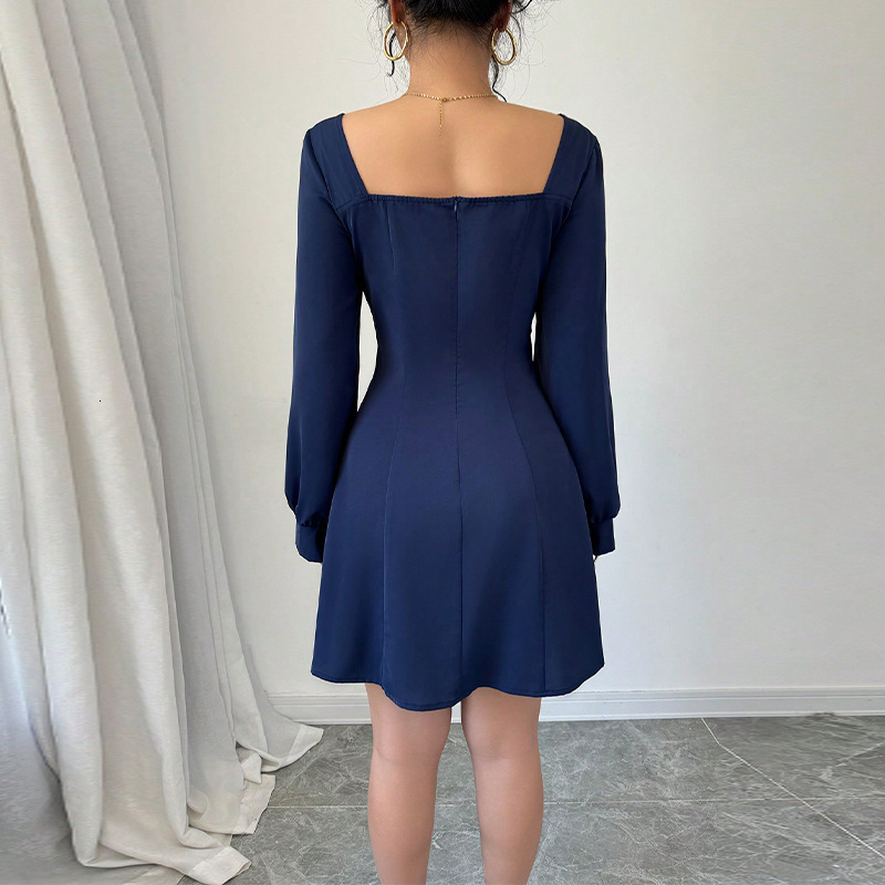 Womens Temperament Solid Color Square Collar Lantern Long Sleeved Dress Slim Fit and Slimming A-line Skirt