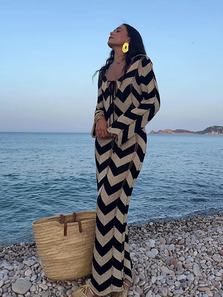 Striped Knitted Women Dresses Long Sleeve Lace Up Maxi Beach Dress For Woman Slim Knitting Hollow Out Square Neck Robes 241231