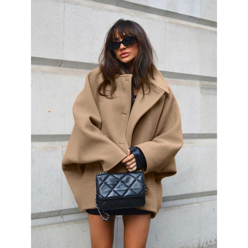 Autumn Fashion High End Brown Woolen Lapel Bat Sleeves Cardigan Coat Minimalist Commuter Womens Wear