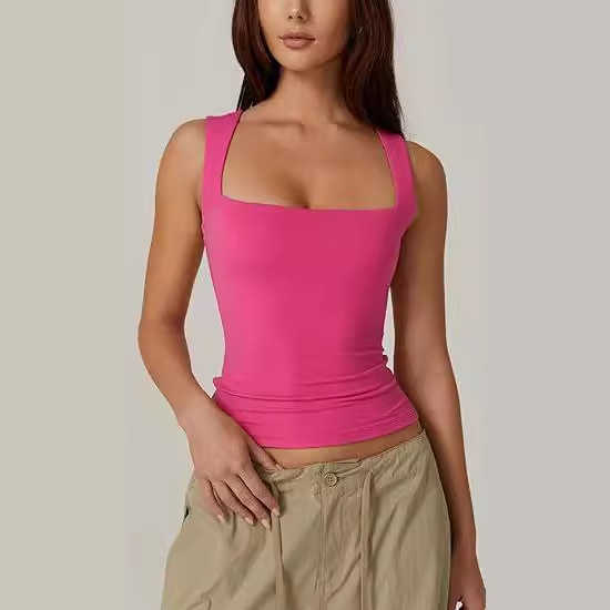 2024 New Summer Womens Square Neck Sleeveless Double Layer Tank Top Basic Tight T-shirt