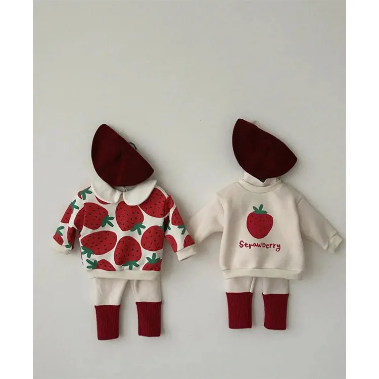 Autumn Winter Boy Girl Children Strawberries Long Sleeve Sweatshirt Kid Cotton Print Thick Warm Tops Baby Fashion Pullover Shirt 241226