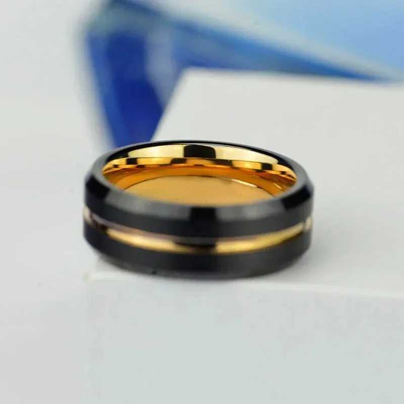 Fashionable 8MM mens gold groove stainless steel ring black brushed engagement ring womens wedding anniversary jewelry W250102