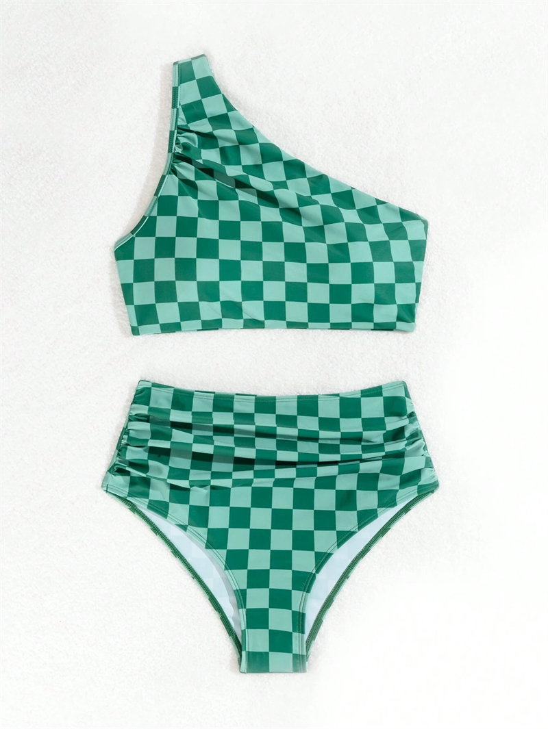 Stylish Women One Shoulder Bikini Green Square Pattern Swimwear Lady Retro High Waist Bikinis set Two Piece Swimsuit Summer Padded Beach Bathing Suit