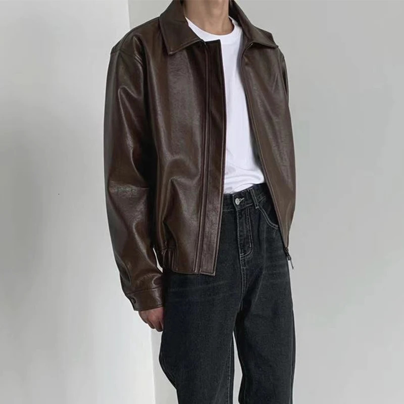 Fashion Y2K mens leather jacket streetwear solid color loose long sleeved PU leather jacket mens autumn retro jacket 241230
