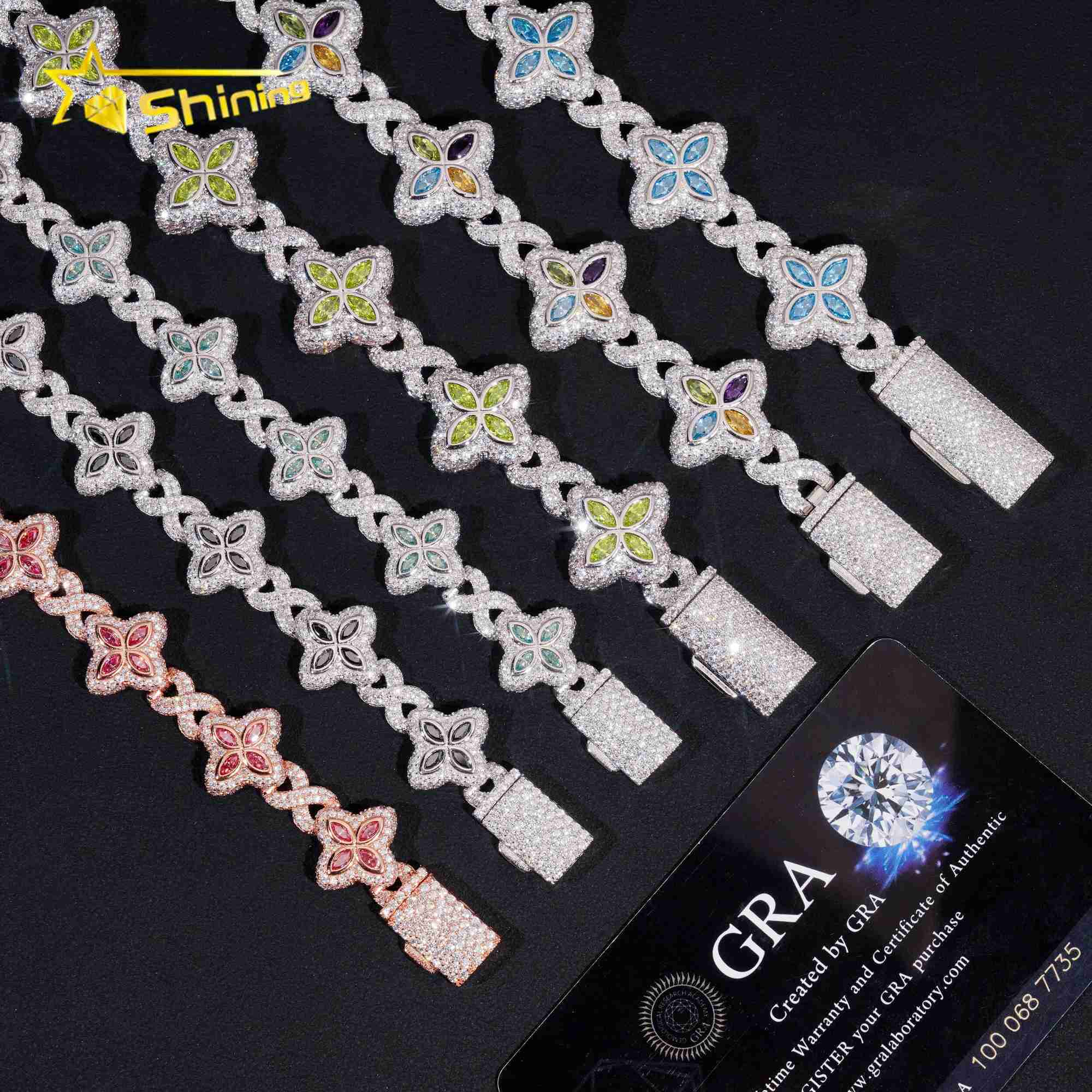New Arrivals 925 Silver Color Marquise Clover Hip Hop Moissanite Diamond Infinity Link Bracelet