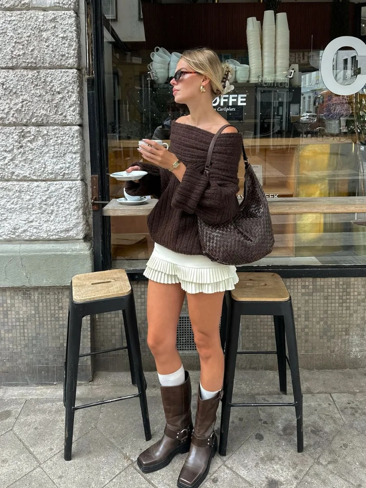 Womens sexy solid single neck ribbed sweater fashionable off shoulder long sleeved knitted pull-out autumn womens fashion street knitted 241231