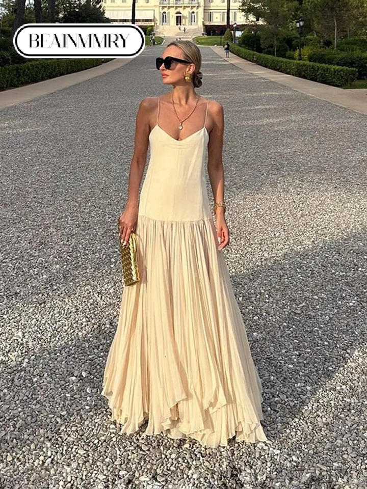 Womens Fashion Solid Camisole Pleated Hem Dress Casual Sleeveless Backless A-line Vestidos 2024 Summer Lady Vacation Party Robe 241231