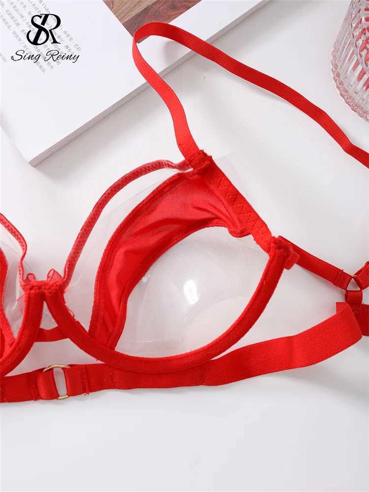 SINGREENY 2024 Patchwork Mesh Porn Sexy Underwear Womens Hollow Transparent Sexy Underwear Two Piece Set W250103