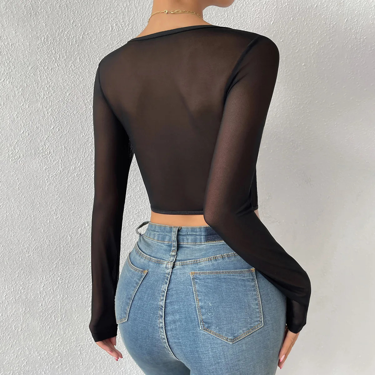Vemina autumn backless sexy lace long sleeved womens shirt black embroidered floral bare back shoulder tight top 250102