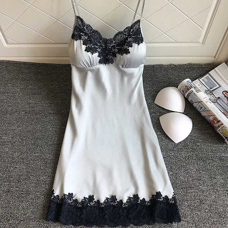 Womens sexy lingerie summer silk evening dress lace patch work mini evening dress spaghetti strap sleepwear womens strap chest pad W250103