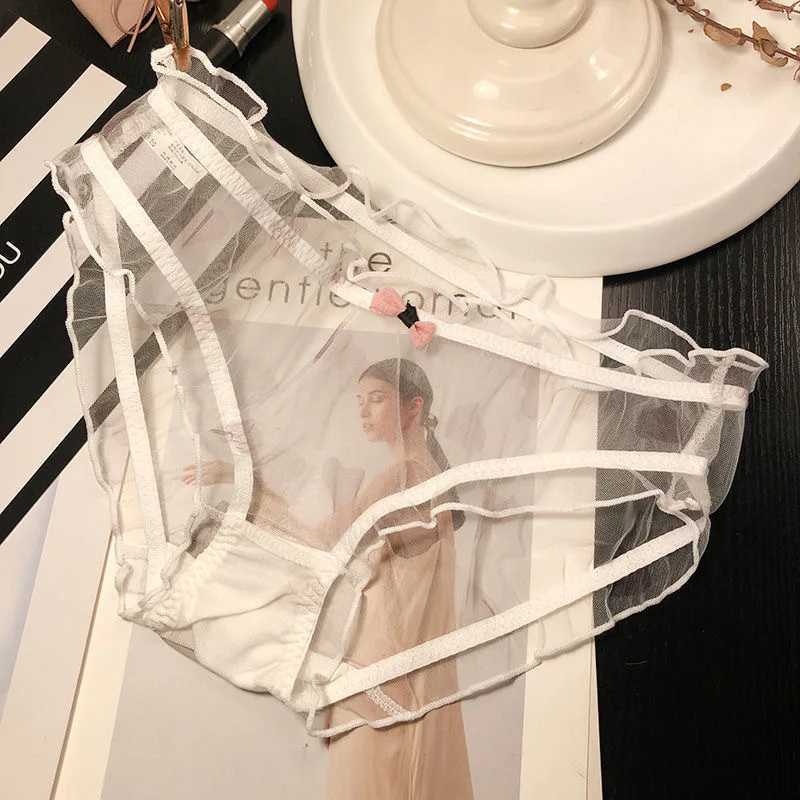 Women Sexy Transparent Panties Pink Bow Cotton Crotch Briefs Female Mesh Breathable Underwear Wave Edged Hollow Out UnderpantsXJ250103