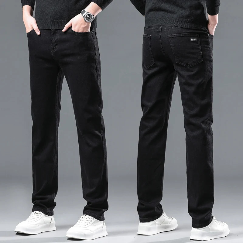 Winter Pure Black Fleece Thick Warm Jeans Mens loose Straight Elastic Denim Pants classics Casual Plush Trousers 241230