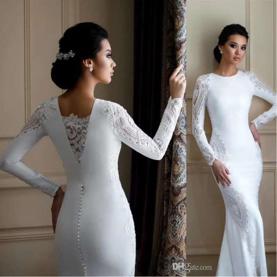 O Neck Lace Sheath Bohemia Dresses Long Sleeves Satin Applique Plus Size Modest Arabic Wedding Bridal Gowns Bc2685