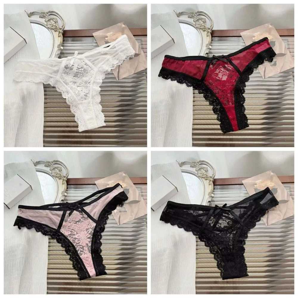 Breathable Patch Work Network Flower Bow Underwear Ruffle thong Lace Transparent Fabric Low Waist Hollow Women W250103