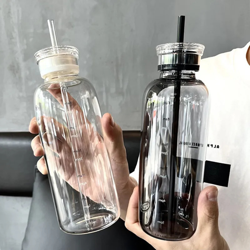 450/750ml Large Glass Water Bottle with Straw 2 Lids Clear Kawaii Drinking Bottle Leakproof Cup for Woman Girl 250102